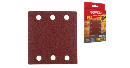 Шлифлист 100х110мм Р80 д/дерева самосцепл. 6 отв. 5шт WORTEX